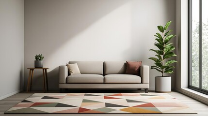 Fototapeta premium Neutraltoned living room with geometric rug, cozy seating, and stylish indoor plant Minimal decor, Natural vibes