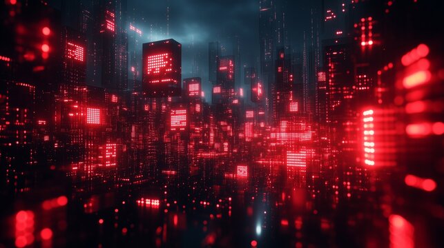 Abstract background with digital glowing red and black cubes in the dark space, cyber technology concept