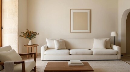 Bright and clean living room with creamcolored walls, subtle decor, and light wood elements  Warm minimalism, Natural textures