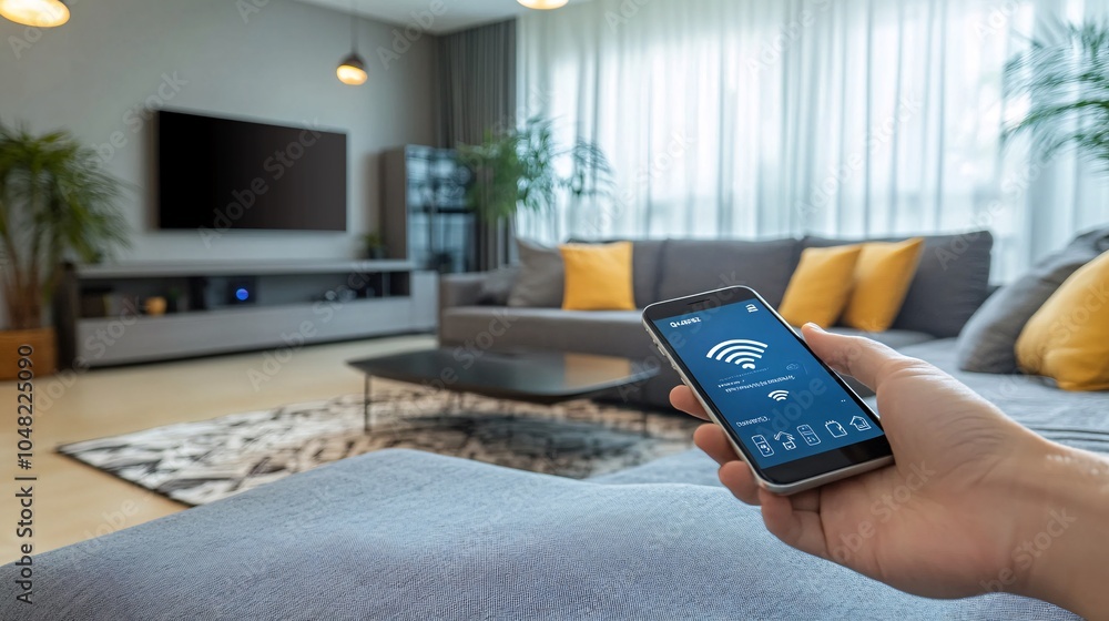 Poster Technician installing Wi-Fi and smart home devices in a new rental property focusing on modern connectivity solutions Stock Photo with side copy space
