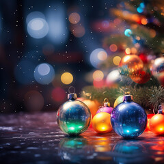 Obraz premium Christmas background, blur tree lights and warm colorful Christmas balls