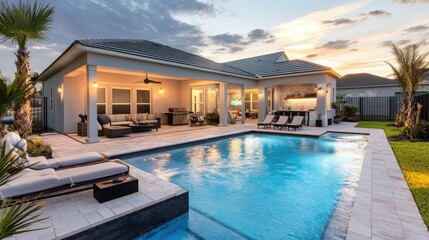 Fototapeta premium Backyard swimming pool with lounge chairs, a stylish pergola, and evening lighting, setting up a perfect spot for relaxation.