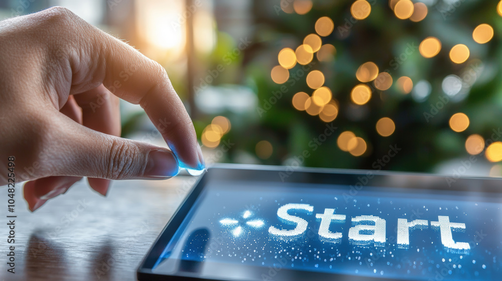 Poster Hand turning on blue light with word Start, symbolizing new beginnings and opportunities. background features soft bokeh lights, creating warm atmosphere