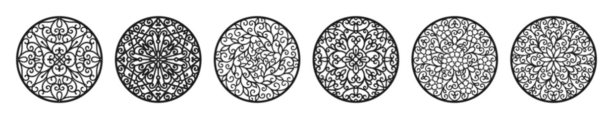 Black silhouettes of round decorative panels with openwork ornaments on a white background. Vector set of privacy screen, fence, room divider, interior partition for CNC, laser cutting in metal, wood