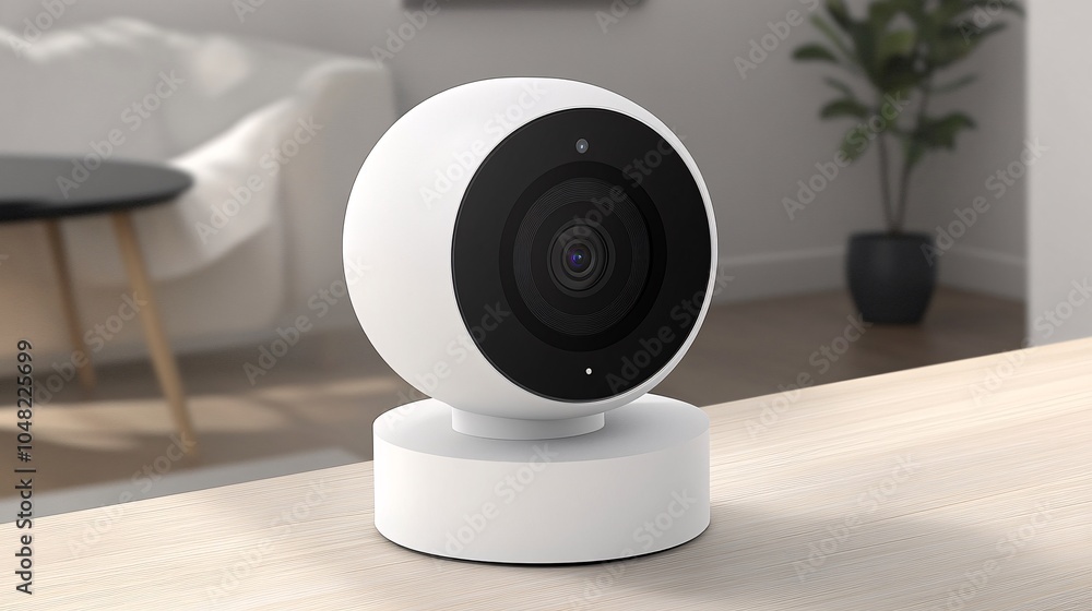 Poster Technician installing smart home security cameras in a newly moved-in property focusing on safety and control Stock Photo with side copy space