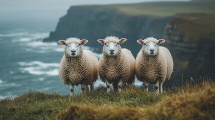 Fototapeta premium Three sheep in the Irish countryside, with an ocean and cliffs behind them