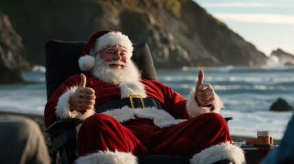 Santa Claus relaxing on beach, enjoying sun and sea with cheerful expression. scene captures joyful moment of leisure and happiness