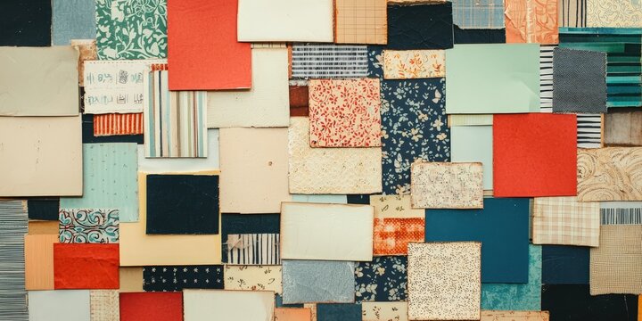 A vibrant collage of various patterned and colored fabric swatches, showcasing a mix of textures and designs.