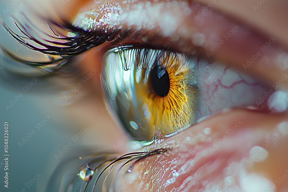Poster tear rolling down cheek in macro shot
