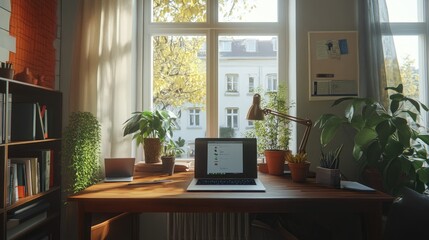 Cozy home workroom with a wooden desk, laptop, large window, and potted plants, creating a calm, productive atmosphere.