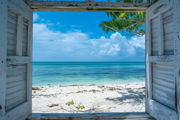 Fototapeta premium Scenic Beach View Framed by Open Shutters, Tropical Paradise with Crystal Clear Water, Soft Sand, and Lush Greenery Under a Bright Blue Sky.