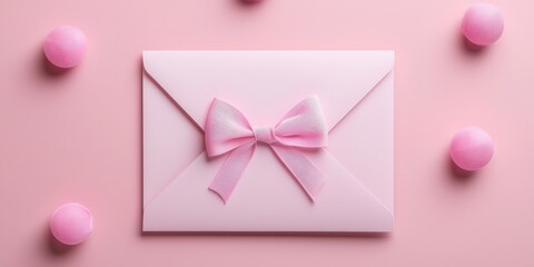 A pink envelope with a decorative bow is surrounded by pink decorative balls on a soft pink background, creating a charming and festive vibe.