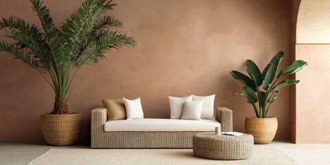 A stylish, natural setting featuring a woven sofa, decorative cushions, and lush greenery against a warm, earthy wall.