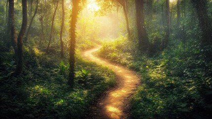 Obraz premium A winding path through a lush, green forest bathed in the warm glow of the morning sun.