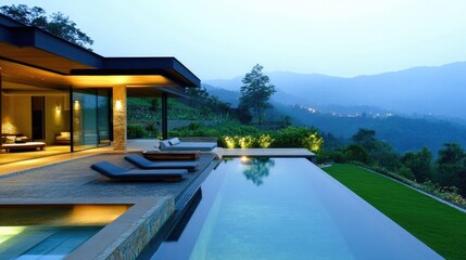 Fototapeta premium Luxury backyard with infinity pool, scenic view over a green valley, sleek sun loungers, and ambient lighting for a relaxing atmosphere.