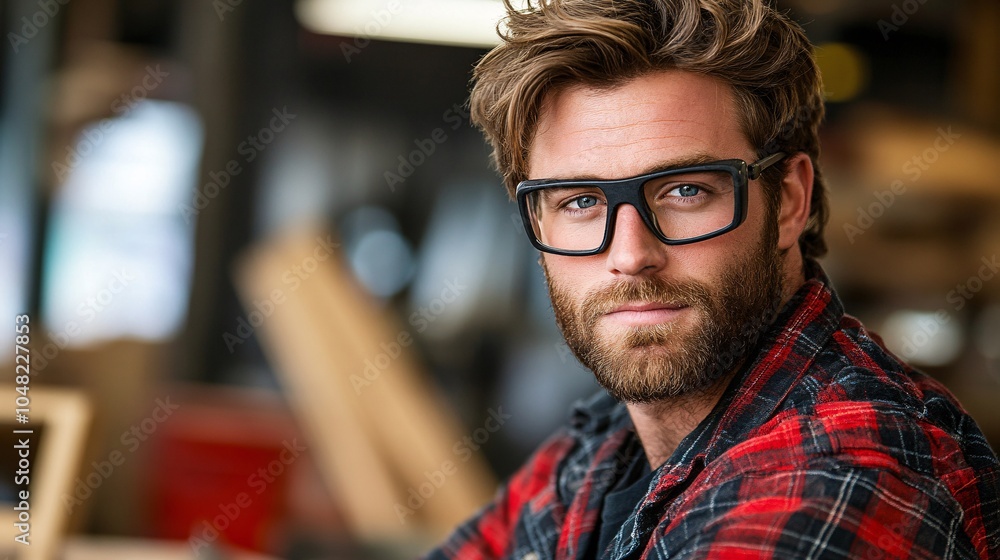 Poster craftsman wearing protective goggles and gloves while using a power saw to cut through thick wooden 