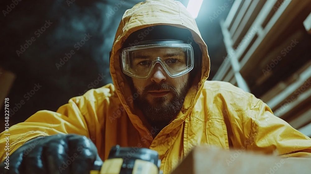 Aufkleber craftsman wearing protective goggles and gloves while using a power saw to cut through thick wooden 