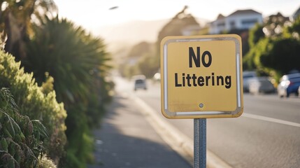 A yellow sign reading "No Littering" beside a road, promoting cleanliness in the environment.