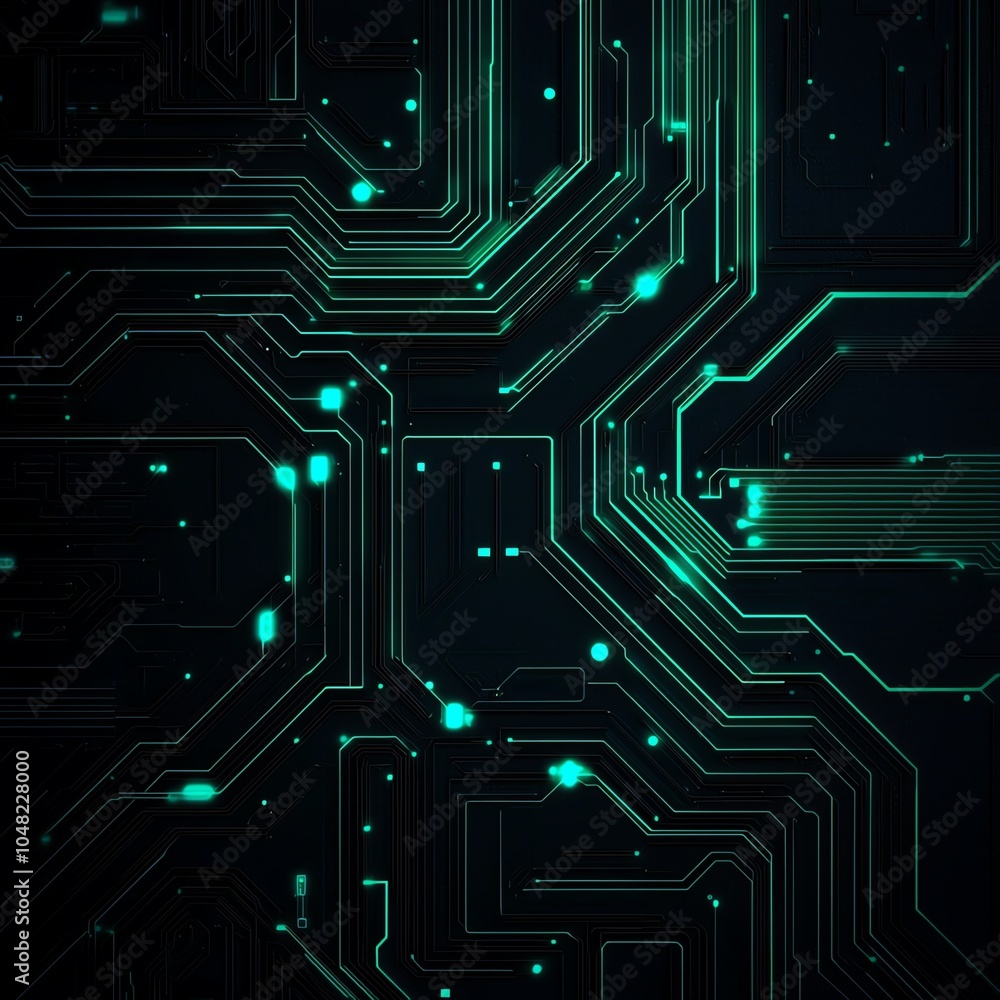 Poster futuristic circuit board design with glowing lines and dots in vibrant green tones, suitable for tec