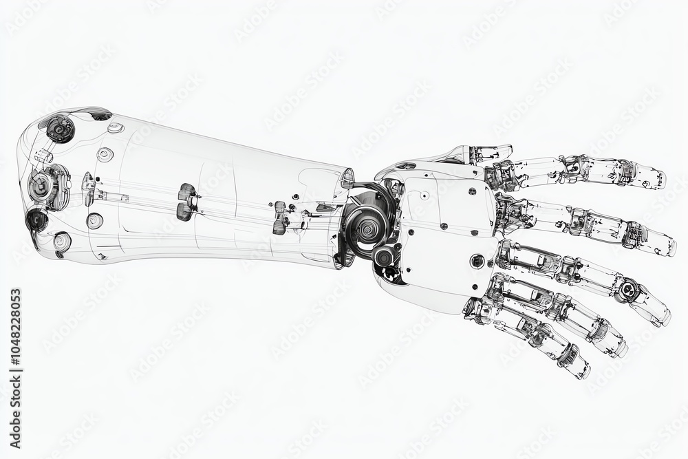 Poster futuristic robotic hand showcasing intricate mechanical designs and transparent components. symbol o