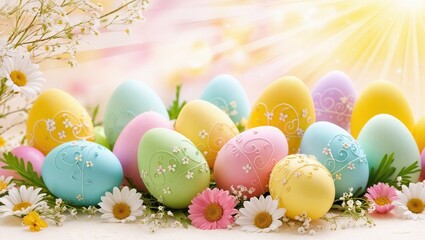 Pastel Easter eggs with flowers in warm sunny garden setting