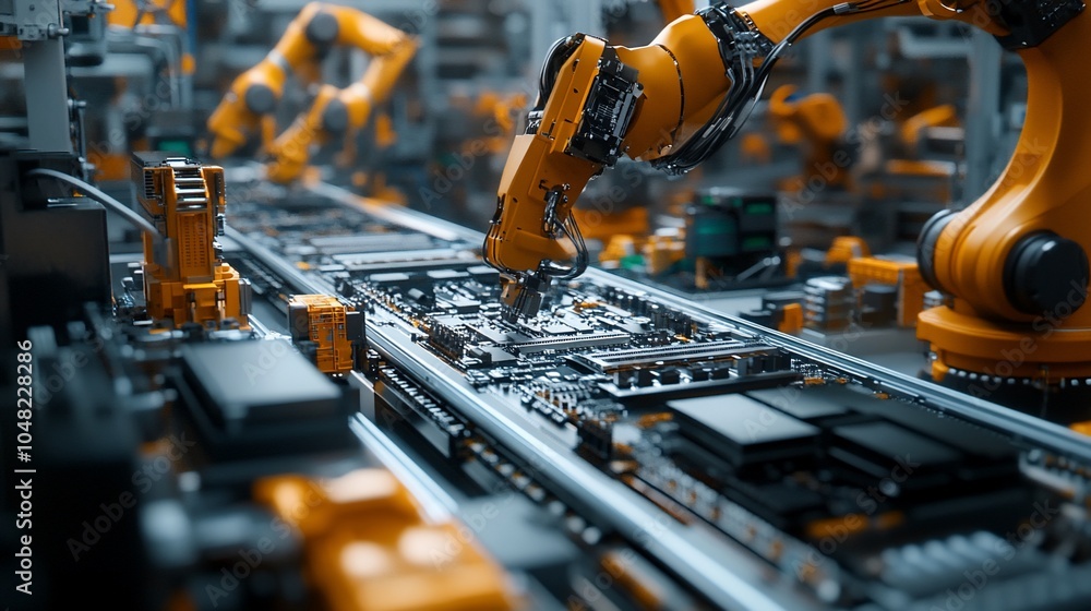 Poster close-up of robotic arms working on a production line, assembling circuit boards.