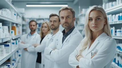 Fototapeta premium A group of doctors stand in a pharmacy