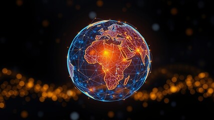 A digital globe with illuminated continents and interconnected lines, representing the interconnected nature of our world.