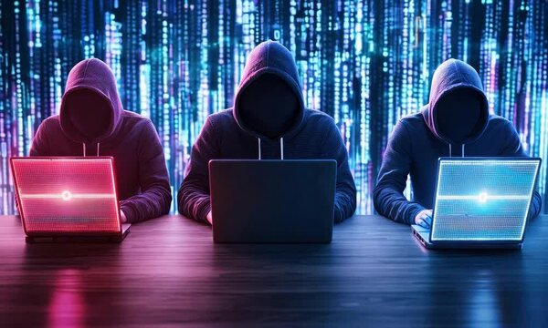 Investigate how fraudsters exploit social media platforms for online scams, Three hooded figures working on laptops against a digital backdrop of glowing binary code.
