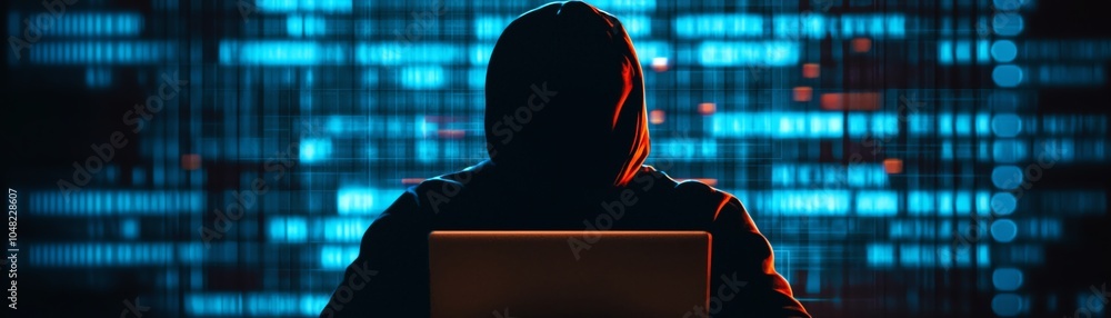 Poster a hooded figure sits in front of a laptop, immersed in a digital world of code and data, illustratin