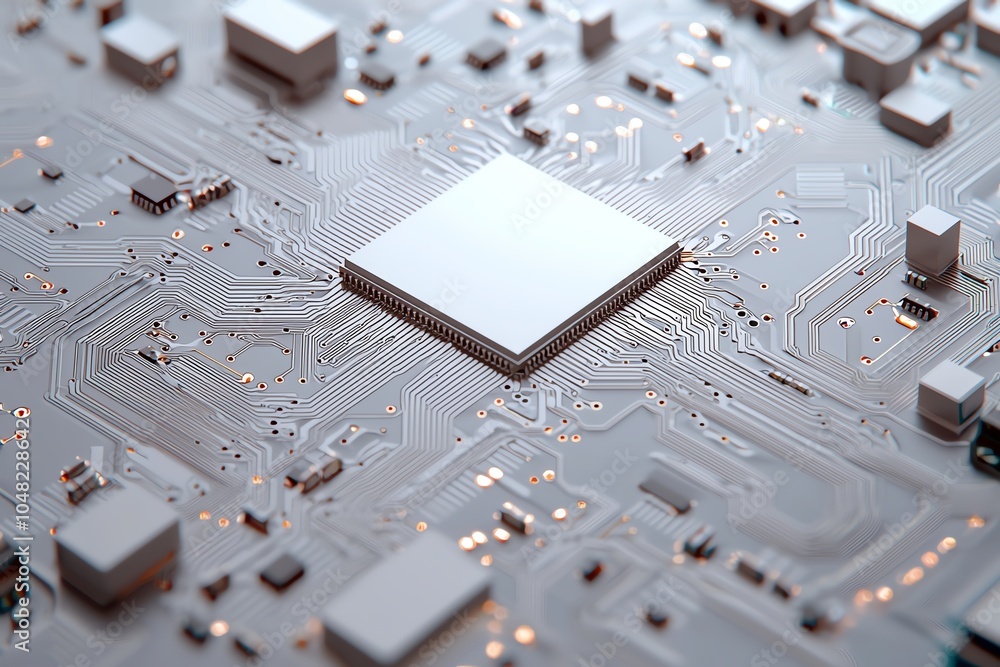 Poster close-up of a circuit board showcasing intricate patterns and components, highlighting technology an