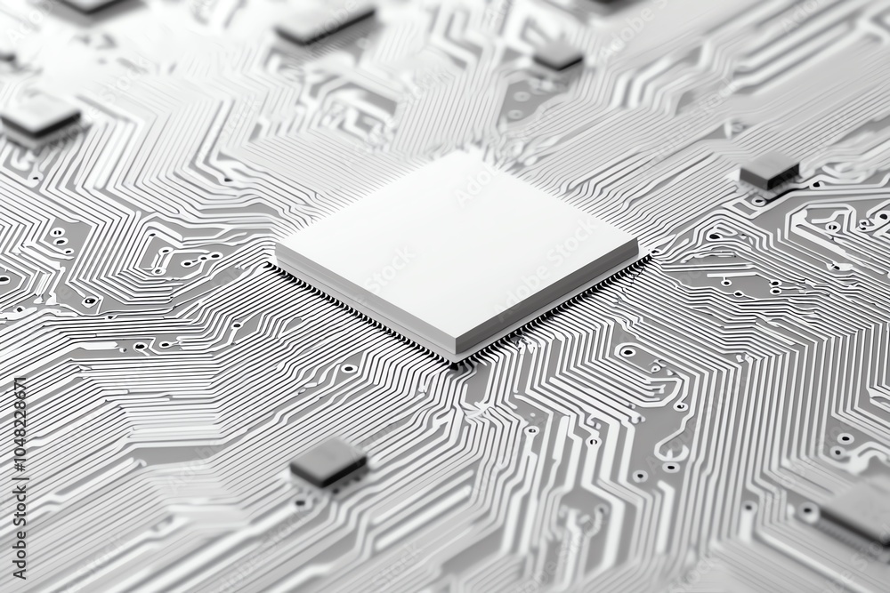 Poster close-up view of a modern microchip placed on a detailed circuit board, highlighting technology and 