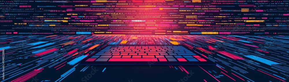 Poster futuristic digital landscape showcasing vibrant data streams flowing from a laptop, emphasizing tech