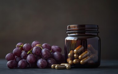 Side angle shot of a dark glass supplement jar with open capsules and juicy grapes nearby, against a neutral background with soft lighting 