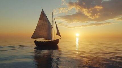 Tranquil Sailboat Drifting on Calm Sea at Sunset