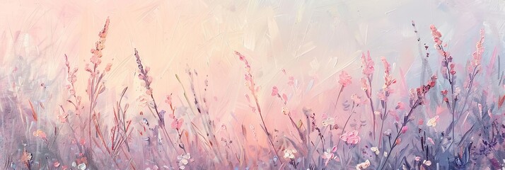Naklejka premium Soft Pastel Meadow at Dawn: Abstract Floral Landscape with Delicate Flowers and Gentle Hues of Pink, Lavender, and Blue, Evoking Serenity and Tranquility.