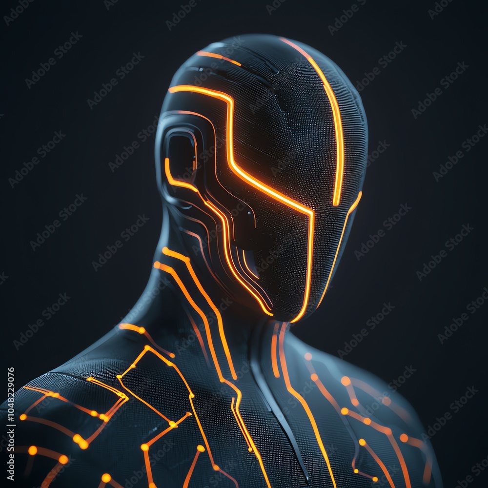 Poster a futuristic humanoid figure with glowing circuitry, symbolizing advanced technology and artificial 