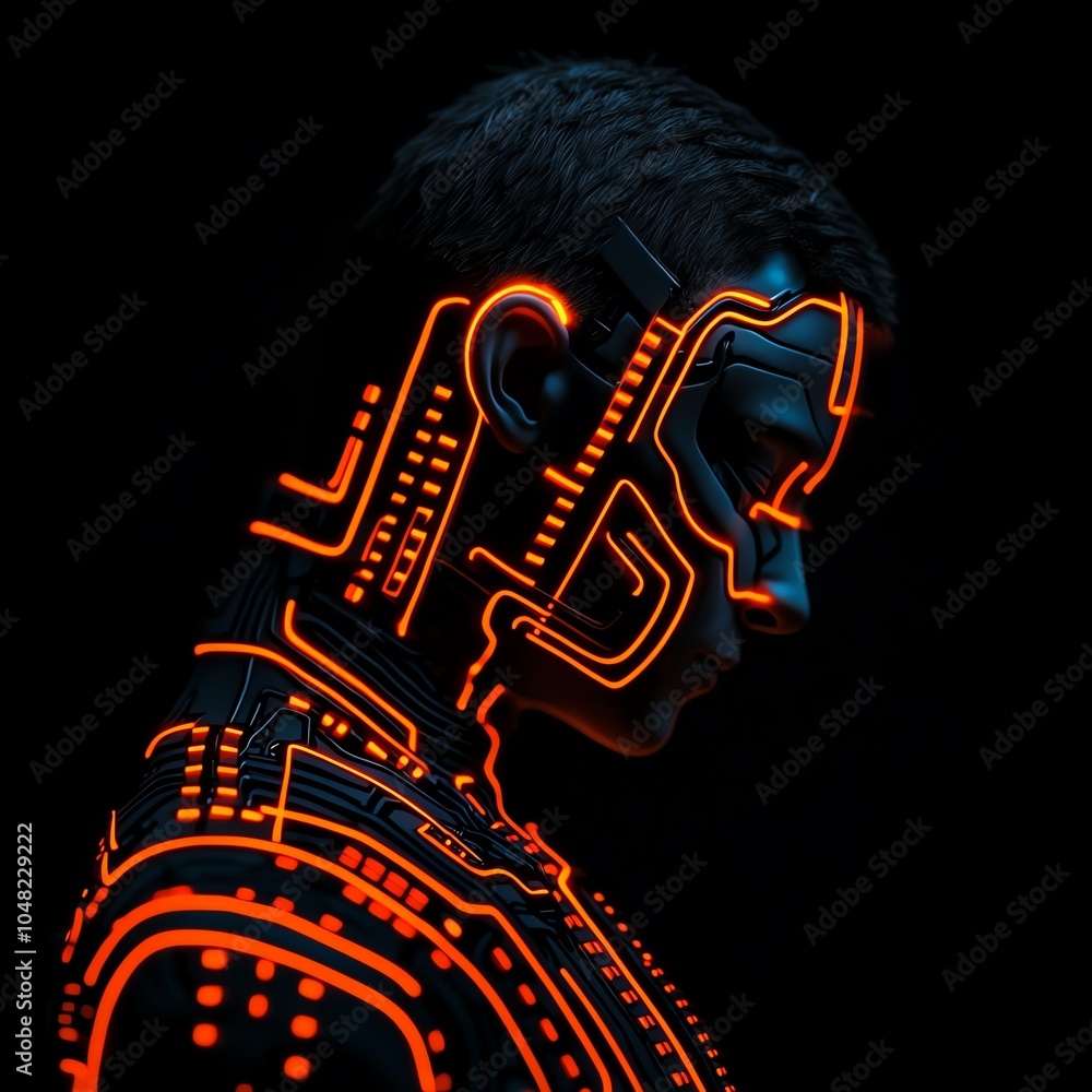 Poster futuristic portrait of a man with glowing circuitry patterns, embodying cybernetic themes and advanc