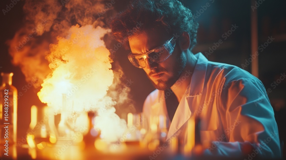 Poster a scientist in a lab coat and safety glasses conducts an experiment with a flask and beaker, surroun