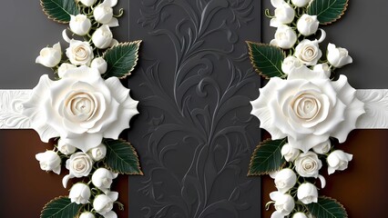 Funeral invitation card and memorial flowers.