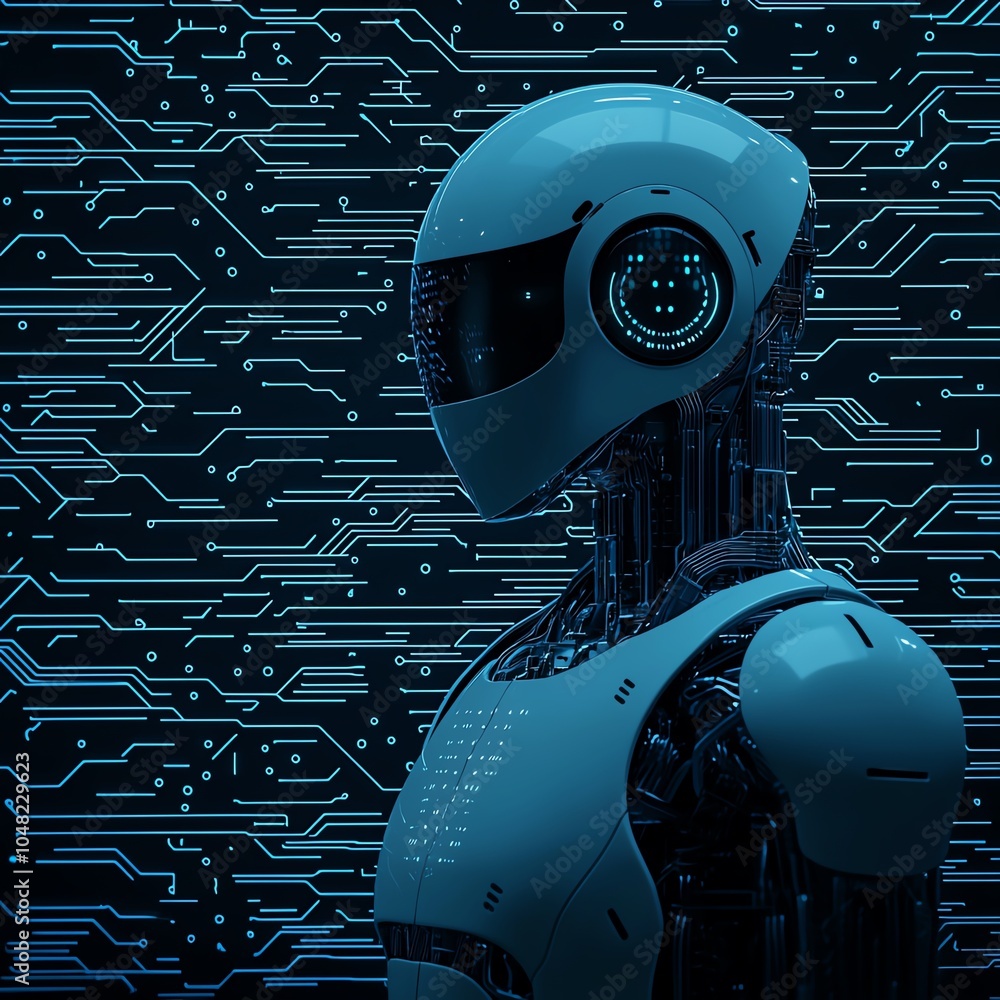 Poster a futuristic robot with a sleek design stands against a backdrop of digital circuits, symbolizing te