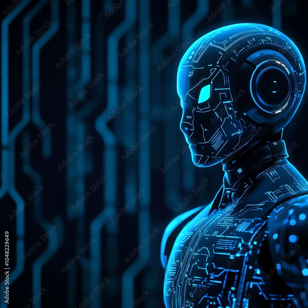 Poster futuristic robot design with glowing circuits, perfect for technology and innovation themes.