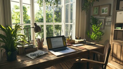 Workroom with a rustic wood desk, laptop, office supplies, potted plants, and natural lighting through big windows.