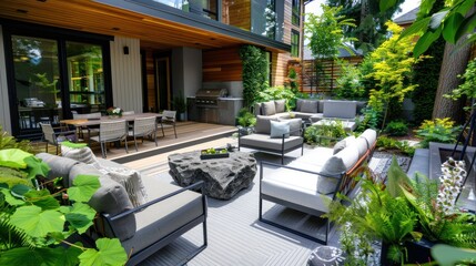 Naklejka premium Modern Outdoor Patio with Seating, Stone Table, and Grill