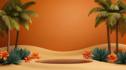 Desert oasis with a small pond of water surrounded by palm trees, vibrant flowers, and golden dunes, desert oasis, rare water source