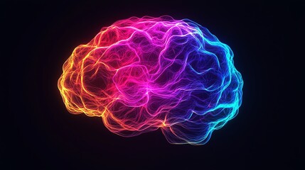 A vibrant, abstract representation of a brain, illuminated with colorful neon lights against a dark background, symbolizing creativity.