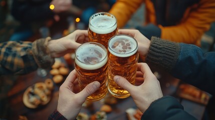 A group of friends toasting with beer glasses at an outdoor bar in autumn, sharing snacks and having fun together on the table