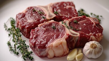 Thick Raw Steaks Surrounded by Garlic Cloves