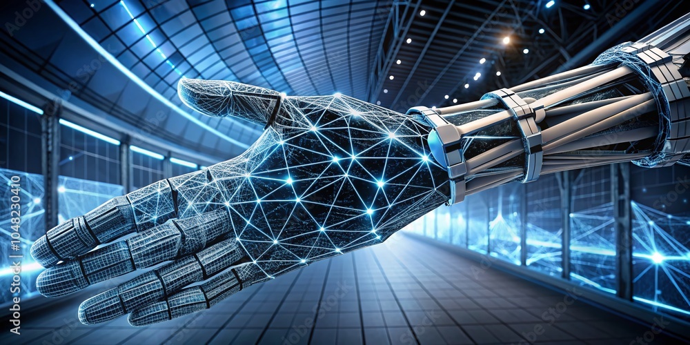 Poster high-tech robotic hand in wireframe form - futuristic technology concept for innovation and automati