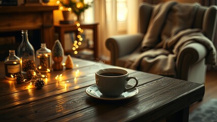 Warmth of the Moment, A Cup of Coffee with Cozy Lights and a Relaxed Atmosphere
